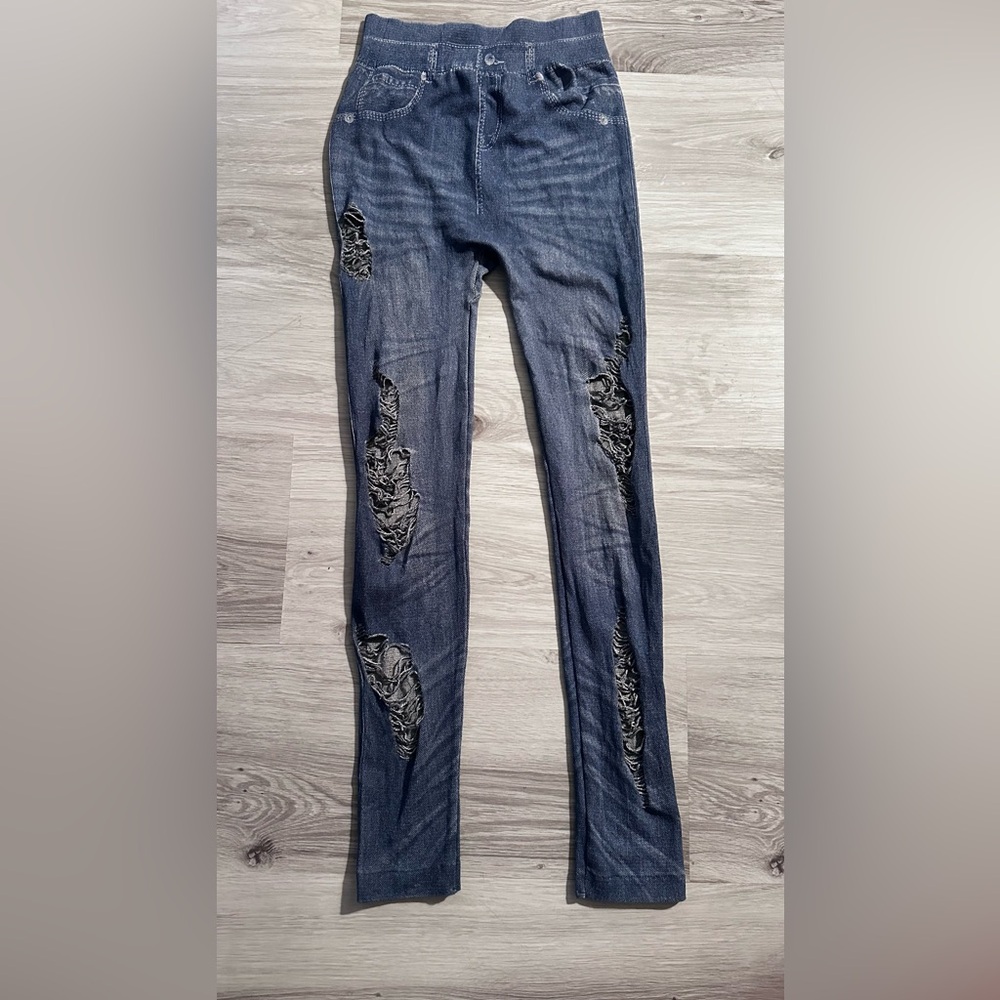OPPA! Faux Denim Distressed Leggings Gray Plus Size 1X/2X - Picture 5 of 8
